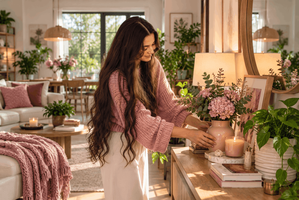 Woman with long hair arranging pink flowers in a cozy living room with green plants and warm home decor.